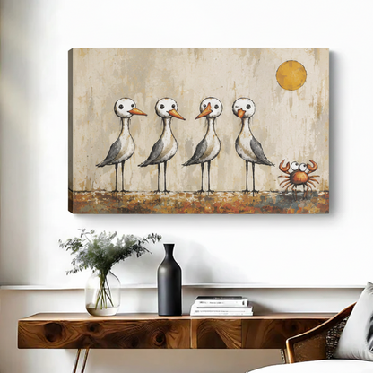 Whimsical seagulls and crab vintage canvas art displayed above wooden console in cozy living room, no frame gallery wrap style