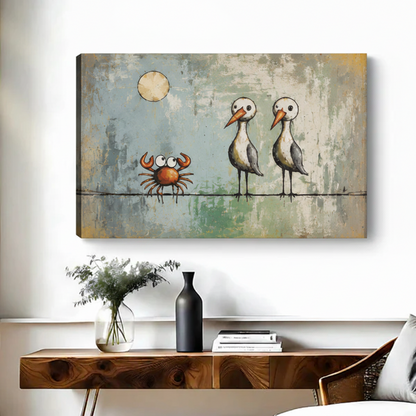 Frameless gallery wrap canvas of whimsical seagulls and crab above wood console in bright minimalist living room