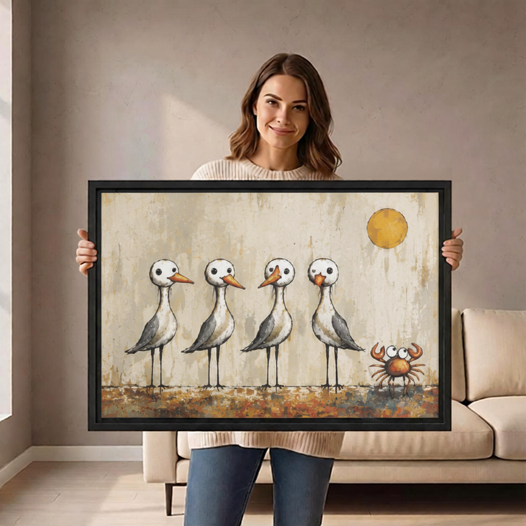Woman holding large framed whimsical seagulls and crab canvas art to show size scale in living room