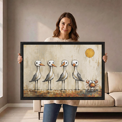 Woman holding large framed whimsical seagulls and crab canvas art to show size scale in living room