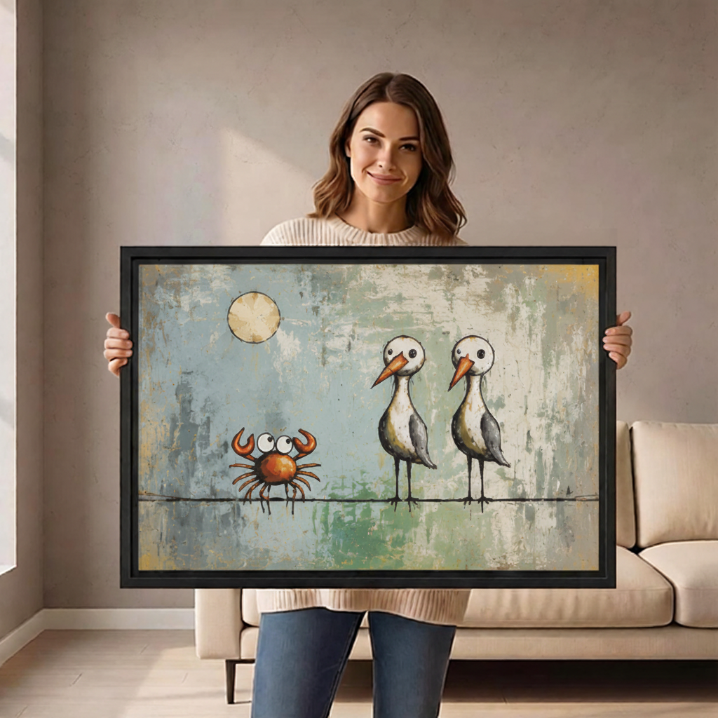 Woman holding large whimsical seagulls and crab framed canvas art to show size scale in living room