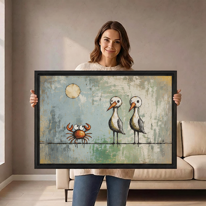 Woman holding large whimsical seagulls and crab framed canvas art to show size scale in living room