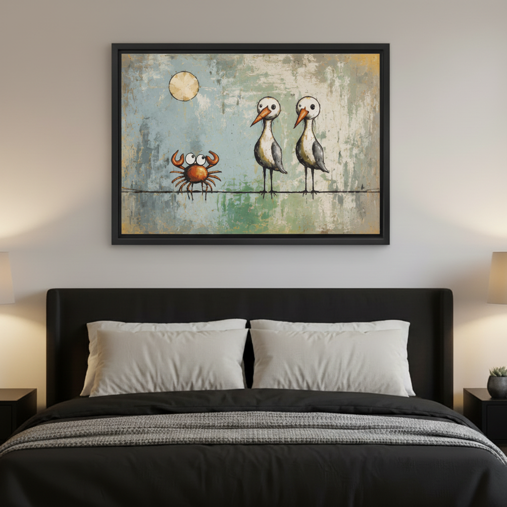 Whimsical seagulls and crab framed canvas art centered above dark upholstered bed as coastal bedroom wall decor