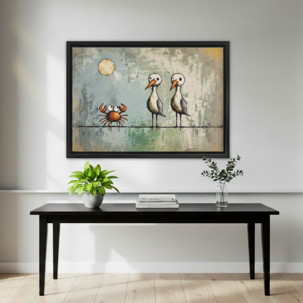 Whimsical seagulls and crab vintage framed canvas wall art above black console table with plant in modern entryway