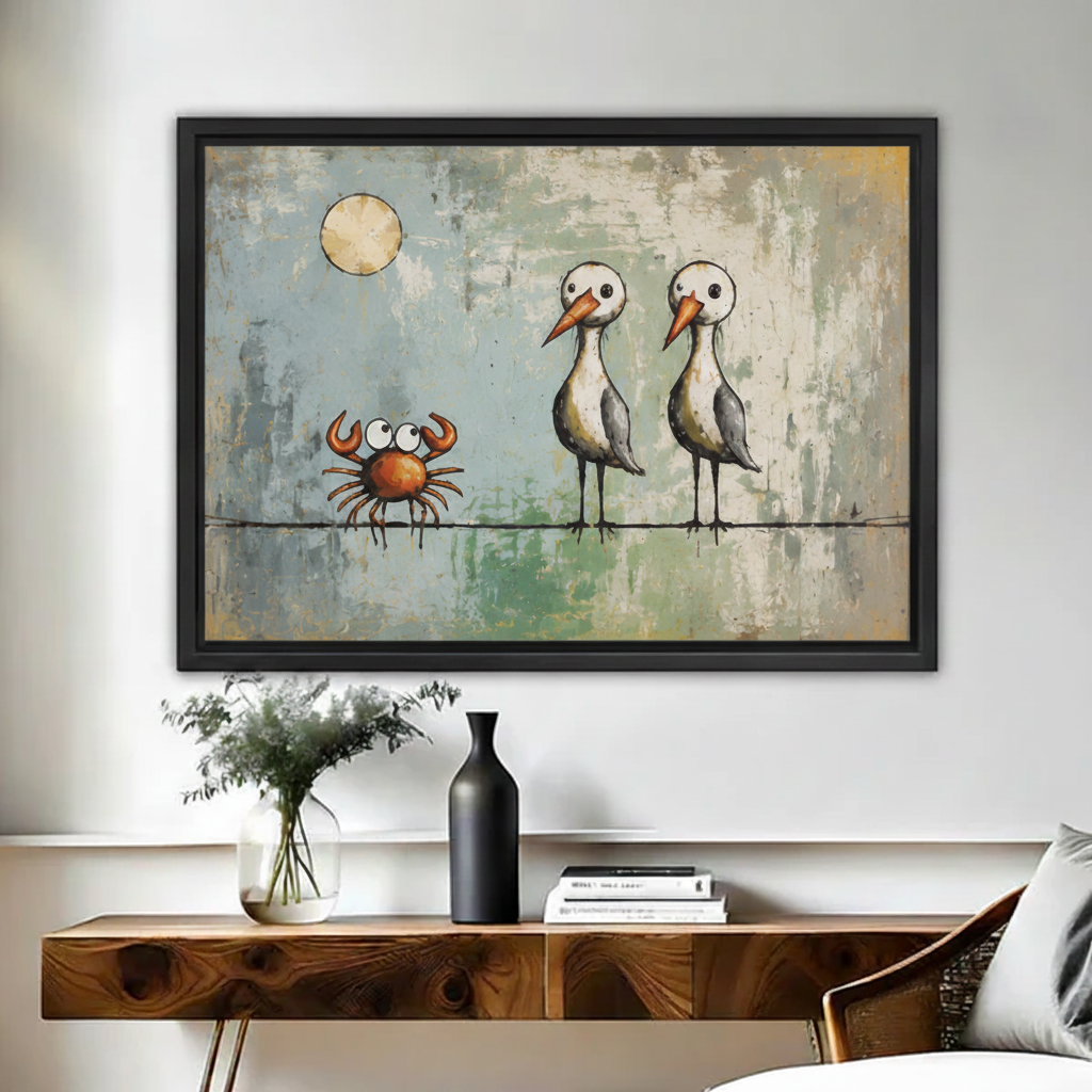 Whimsical seagulls and crab vintage framed wall art displayed above rustic wood console with vase in warm living room