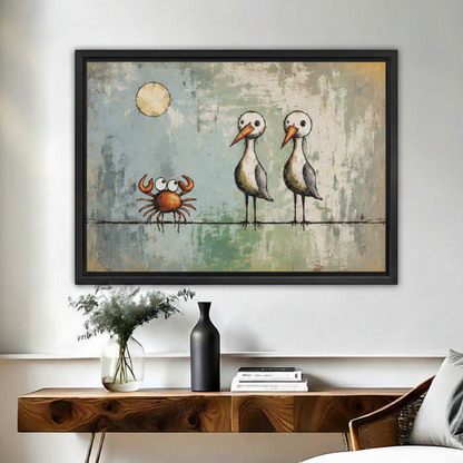 Whimsical seagulls and crab vintage framed wall art displayed above rustic wood console with vase in warm living room