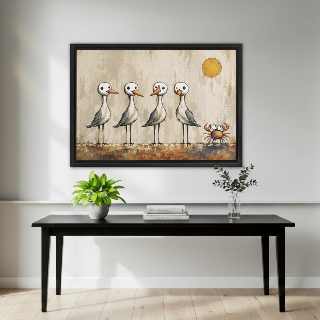 Vintage style framed canvas of four seagulls and a curious crab above rustic wood console in warm living room