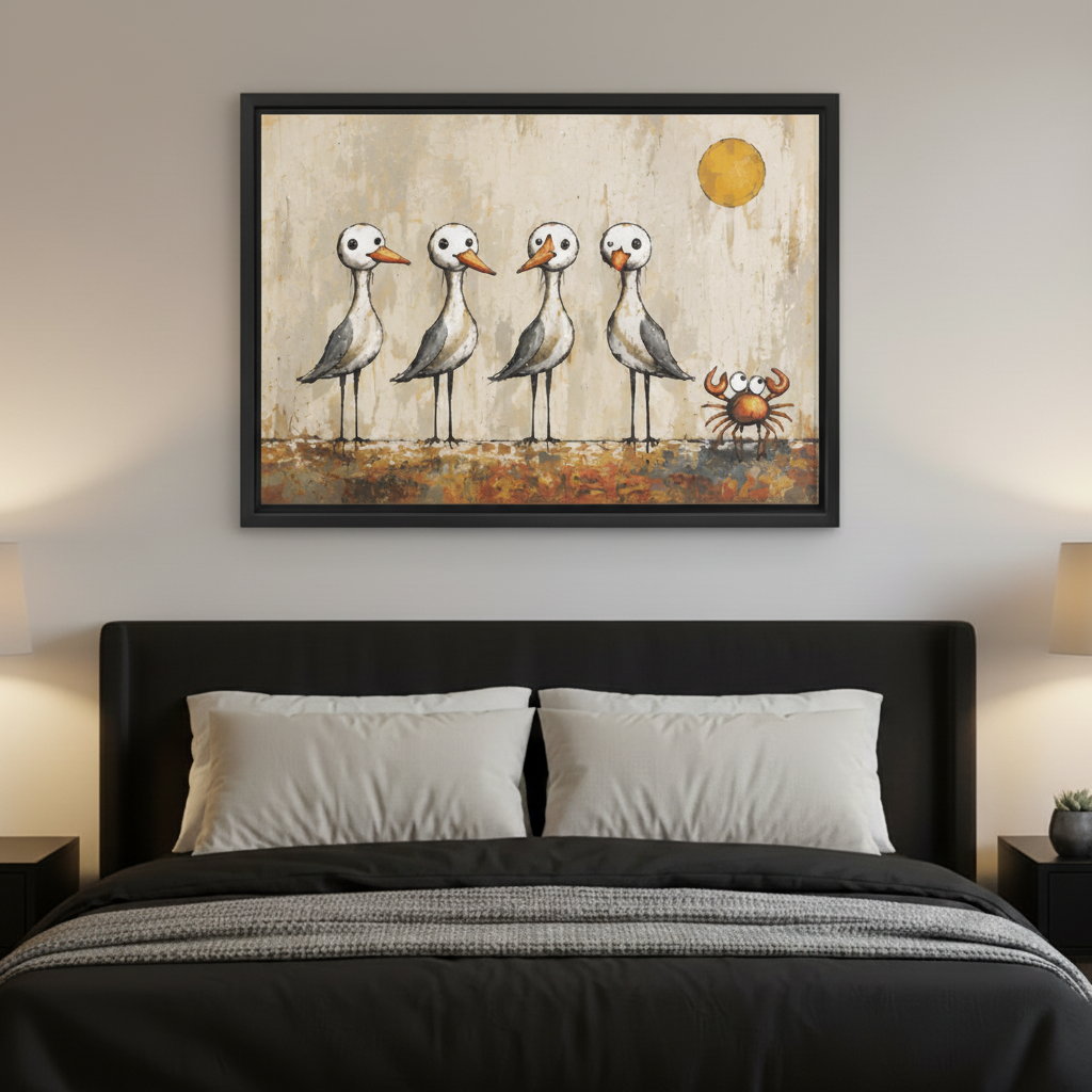 Whimsical seagulls and crab framed wall art above dark upholstered bed as coastal bedroom decor accent