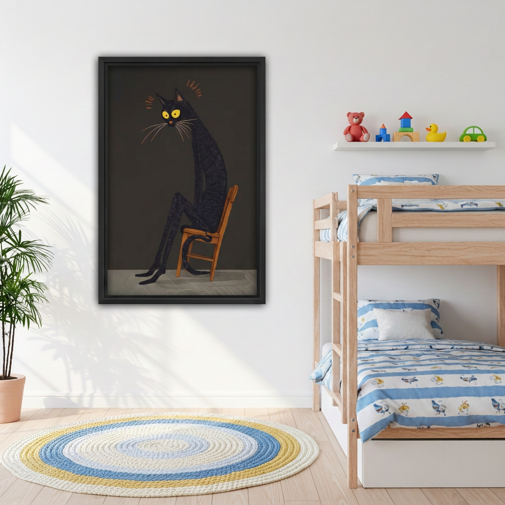 Black-framed whimsical seated cat canvas wall art beside wooden bunk beds beneath a shelf of colorful toys.
