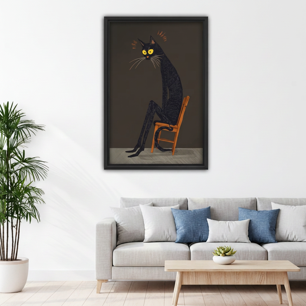 Black-framed whimsical seated cat canvas wall art displayed above a gray sofa with blue pillows beside a plant.