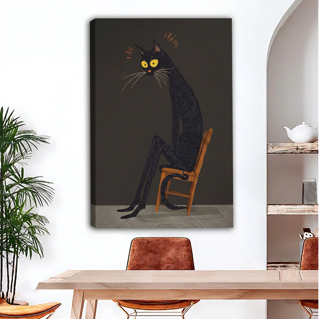 Unframed whimsical seated cat canvas wall art featuring a long-legged black cat above a wooden dining table.