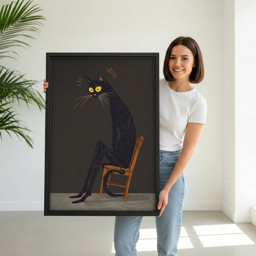 Smiling woman holding black-framed whimsical seated cat canvas wall art with yellow eyes and a wooden chair.