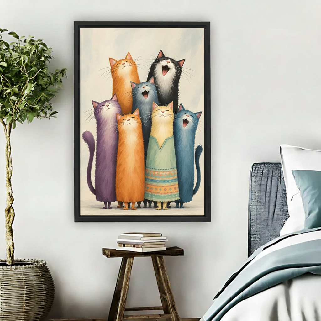 Framed whimsical seven-cat canvas wall art displayed above a bedroom console with colorful storybook feline artwork.