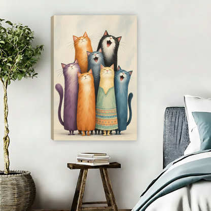 Gallery-wrap seven cats canvas wall art displayed above a bed with visible canvas depth.