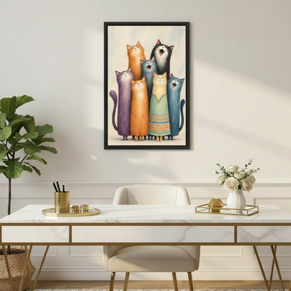 Framed seven cats canvas wall art displayed above a modern desk with plants and neutral decor.
