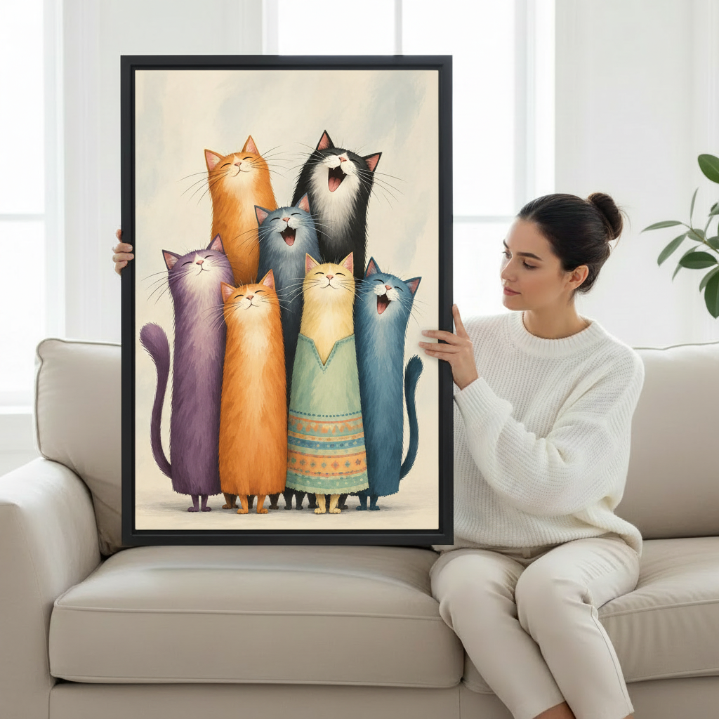 Seven cats canvas wall art held by a woman in a bright living room with a white sofa.