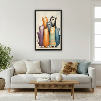 Framed seven cats canvas wall art displayed above a cream sofa in a bright living room.