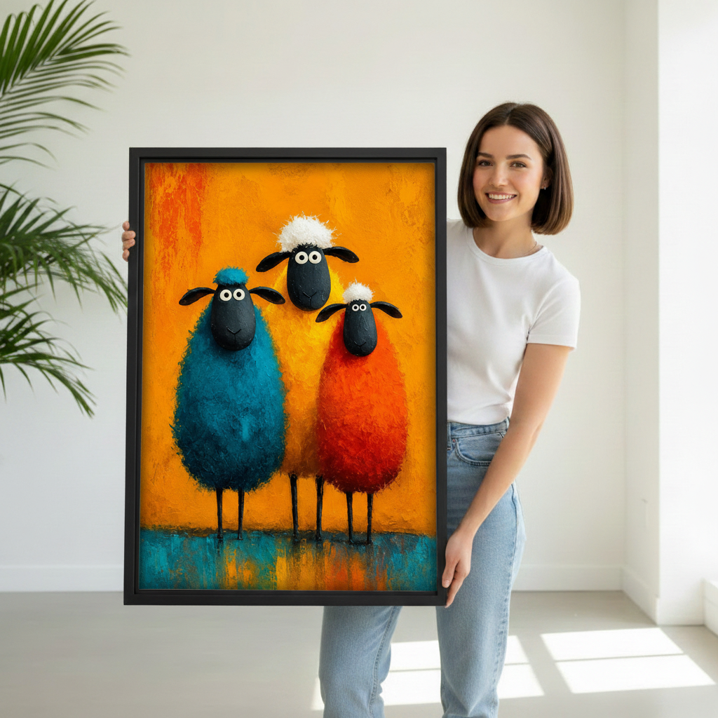 Woman holding large black framed whimsical sheep canvas wall art print against white wall