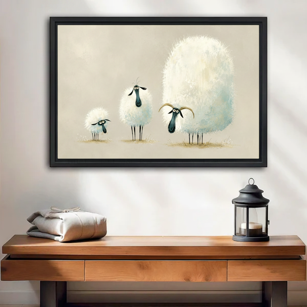 Whimsical sheep family framed canvas wall art in black floating frame hanging above wooden console table