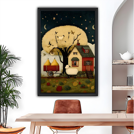 Whimsical sheep farmhouse canvas wall art in a black frame above a sofa beneath a starry night sky.