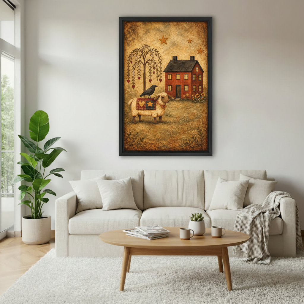 Framed whimsical sheep and raven canvas wall art above a cream sofa in a living room