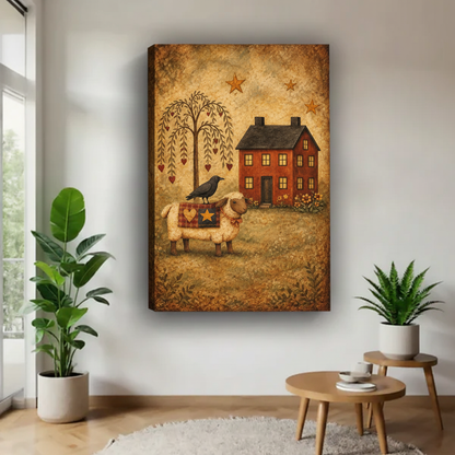 Gallery wrap whimsical sheep and raven canvas wall art displayed in a bright room