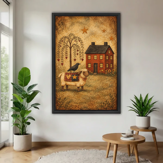 Framed whimsical sheep and raven canvas wall art beside plants in a modern room
