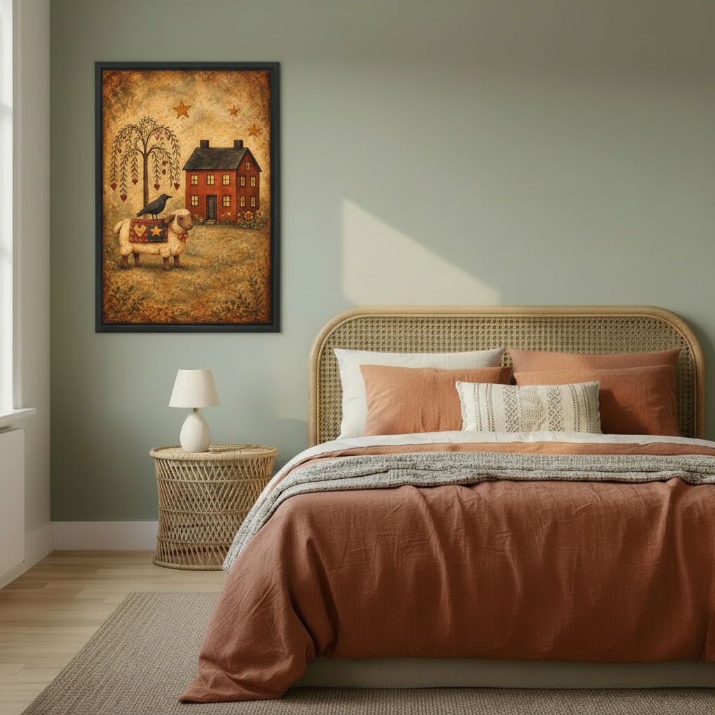 Framed whimsical sheep and raven canvas wall art above a bed in a warm bedroom