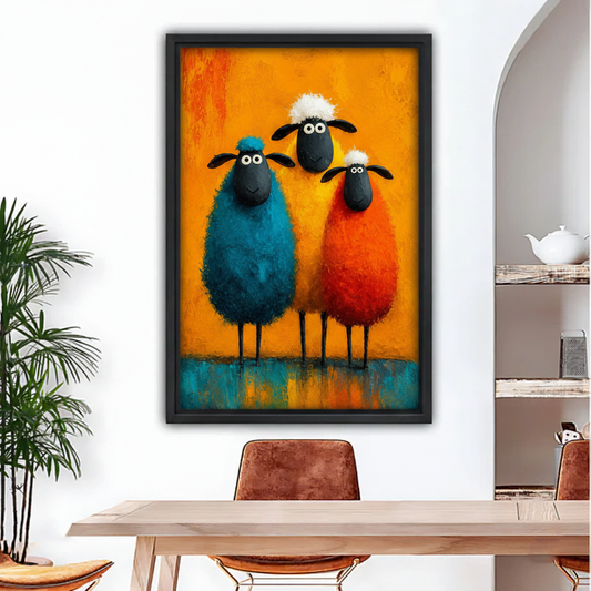 Colorful whimsical sheep framed canvas wall art hung above dining table with arch doorway