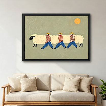 Whimsical sheep walkers canvas wall art above a white bed, with a black-faced sheep, colorful figures, and muted green background.