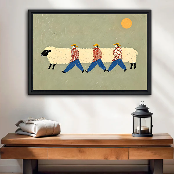 Whimsical sheep walkers canvas wall art above a wooden console, showing colorful figures beneath a woolly sheep and golden sun.
