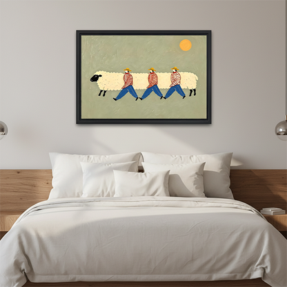 A woman holds whimsical sheep walkers canvas wall art featuring a woolly sheep, three walkers, and a golden sun.