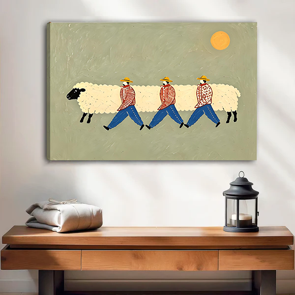 Framed whimsical sheep walkers canvas wall art above a light sofa, featuring a woolly sheep and three colorful walkers.