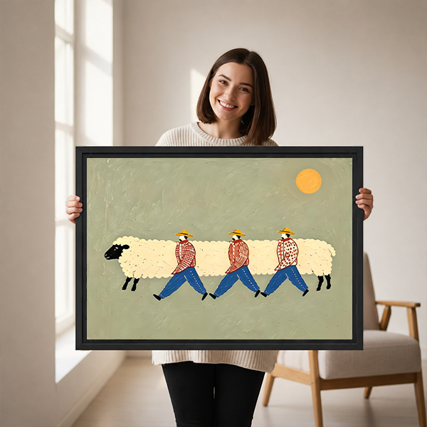 Unframed whimsical sheep walkers canvas wall art displayed above a wooden console beneath a warm golden sun.
