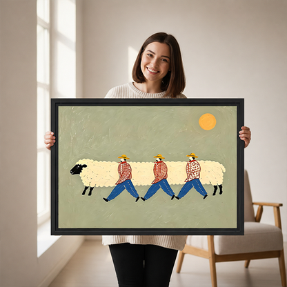 Unframed whimsical sheep walkers canvas wall art displayed above a wooden console beneath a warm golden sun.