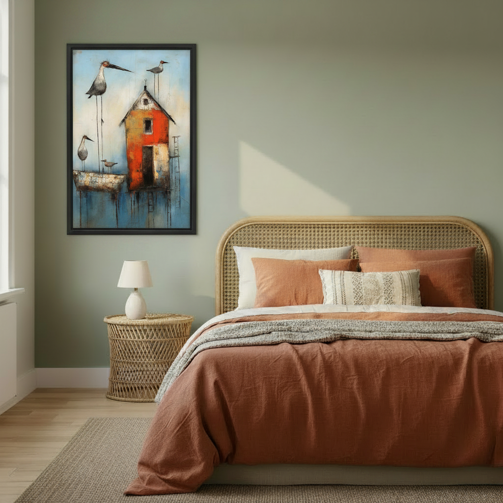 Whimsical shorebird and cottage canvas wall art in cozy bedroom – folk art coastal blue sky print home decor