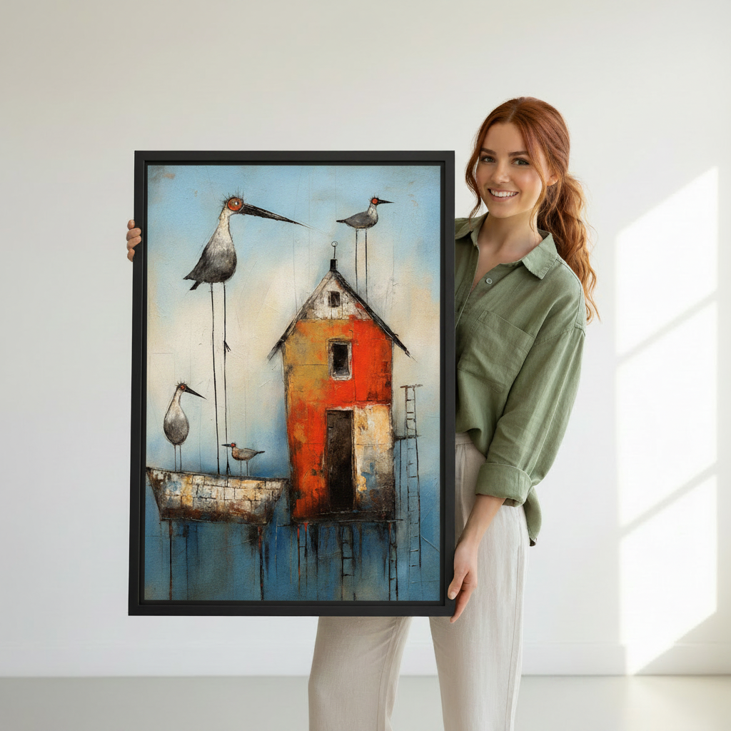 Woman holding whimsical shorebird and cottage framed canvas wall art – folk art coastal blue sky print