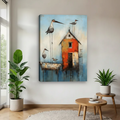 Whimsical shorebird and cottage canvas art print unframed – folk art coastal wall decor with blue sky and orange house