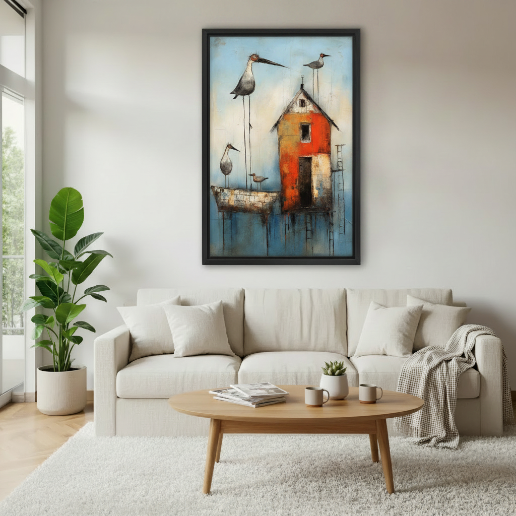 Whimsical shorebird and cottage framed canvas wall art in modern living room – folk art coastal home decor