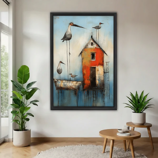 Whimsical shorebird and cottage framed canvas wall art – folk art coastal blue sky orange house print