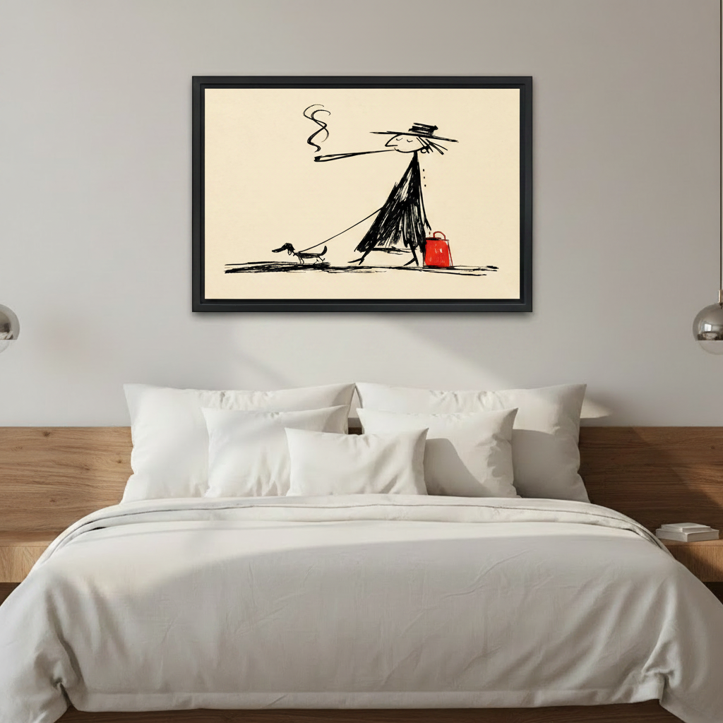 Whimsical minimalist sketch woman walking dog framed wall art above bed in modern bedroom