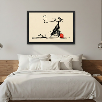 Whimsical minimalist sketch woman walking dog framed wall art above bed in modern bedroom