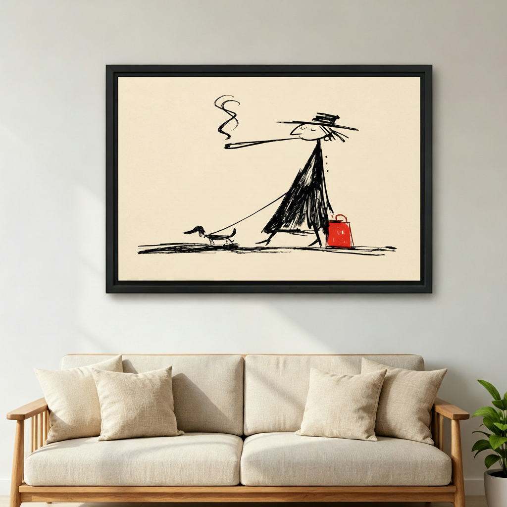 Chic ink sketch lady with dachshund and red bag framed canvas art hanging above living room sofa