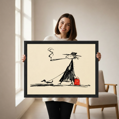 Smiling woman holding whimsical sketch lady and dachshund framed canvas art showing size reference