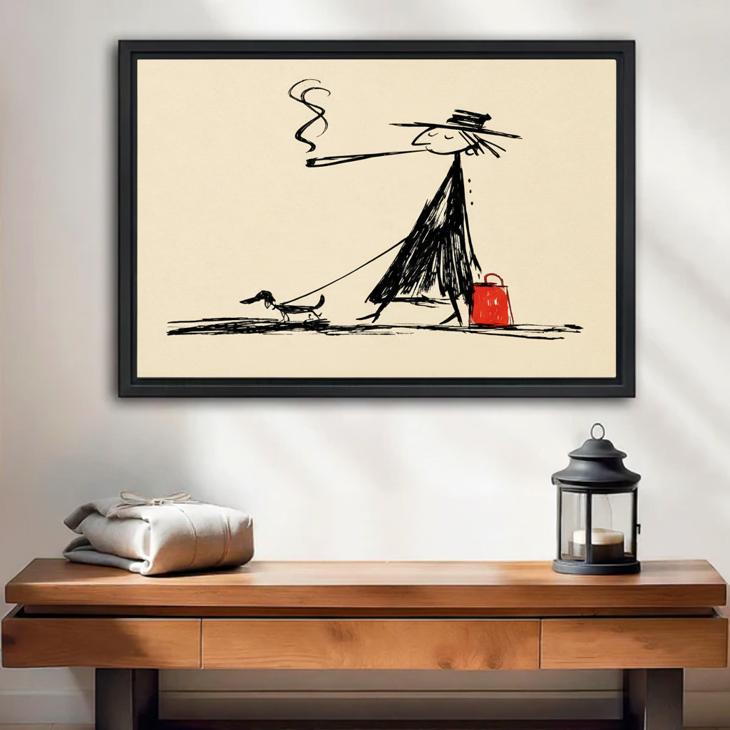 Whimsical ink sketch lady walking dachshund dog framed canvas wall art displayed above wooden console table