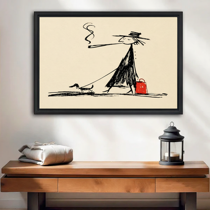 Whimsical ink sketch lady walking dachshund dog framed canvas wall art displayed above wooden console table