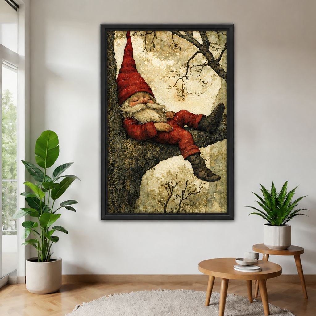 Whimsical sleeping gnome canvas wall art in a black frame, displayed between potted plants near wooden tables.