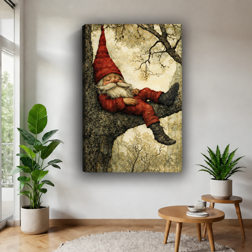 Whimsical sleeping gnome canvas wall art without an outer frame, featuring golden woodland tones between potted plants.