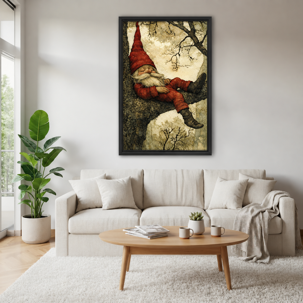 Black-framed whimsical sleeping gnome canvas wall art above a cream sofa, with a wooden coffee table and potted plant.
