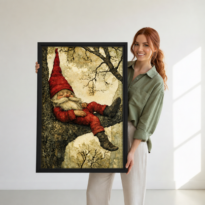 Woman holding black-framed whimsical sleeping gnome canvas wall art showing a red-clad gnome resting in a tree.